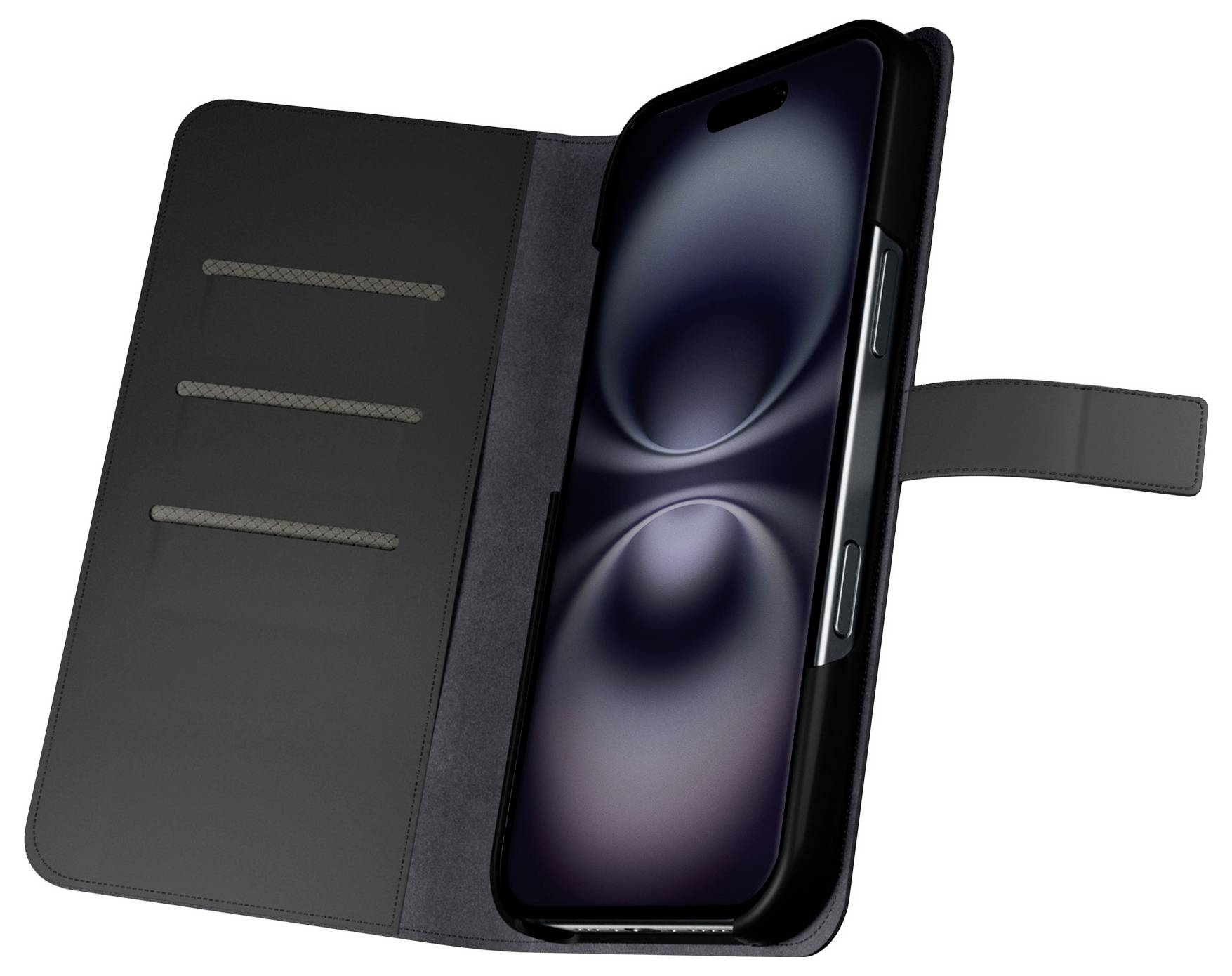 A smartphone inside a black folio case with card slots on the left flap. The phone screen displays abstract digital art.