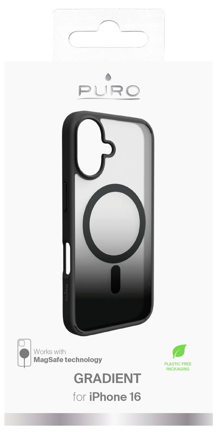 'Puro' brand iPhone 16 case packaging; black gradient case with MagSafe technology. Plastic free marking at bottom right.