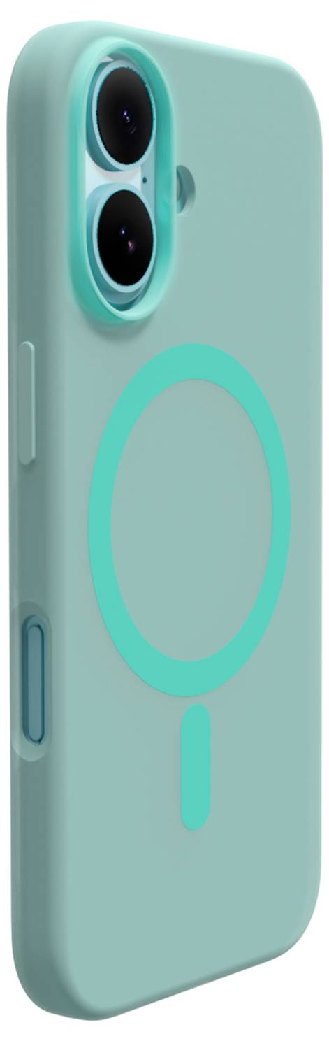 Turquoise phone case with dual camera cutouts and a charging accessory symbol on the back.