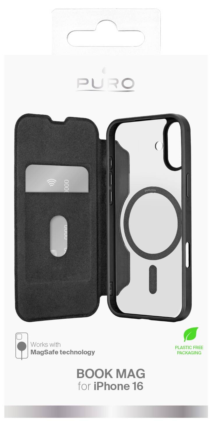 'Book Mag for iPhone 16' black phone case packaging showing front and back cover with MagSafe compatibility. Label: 'Plastic Free Packaging'.