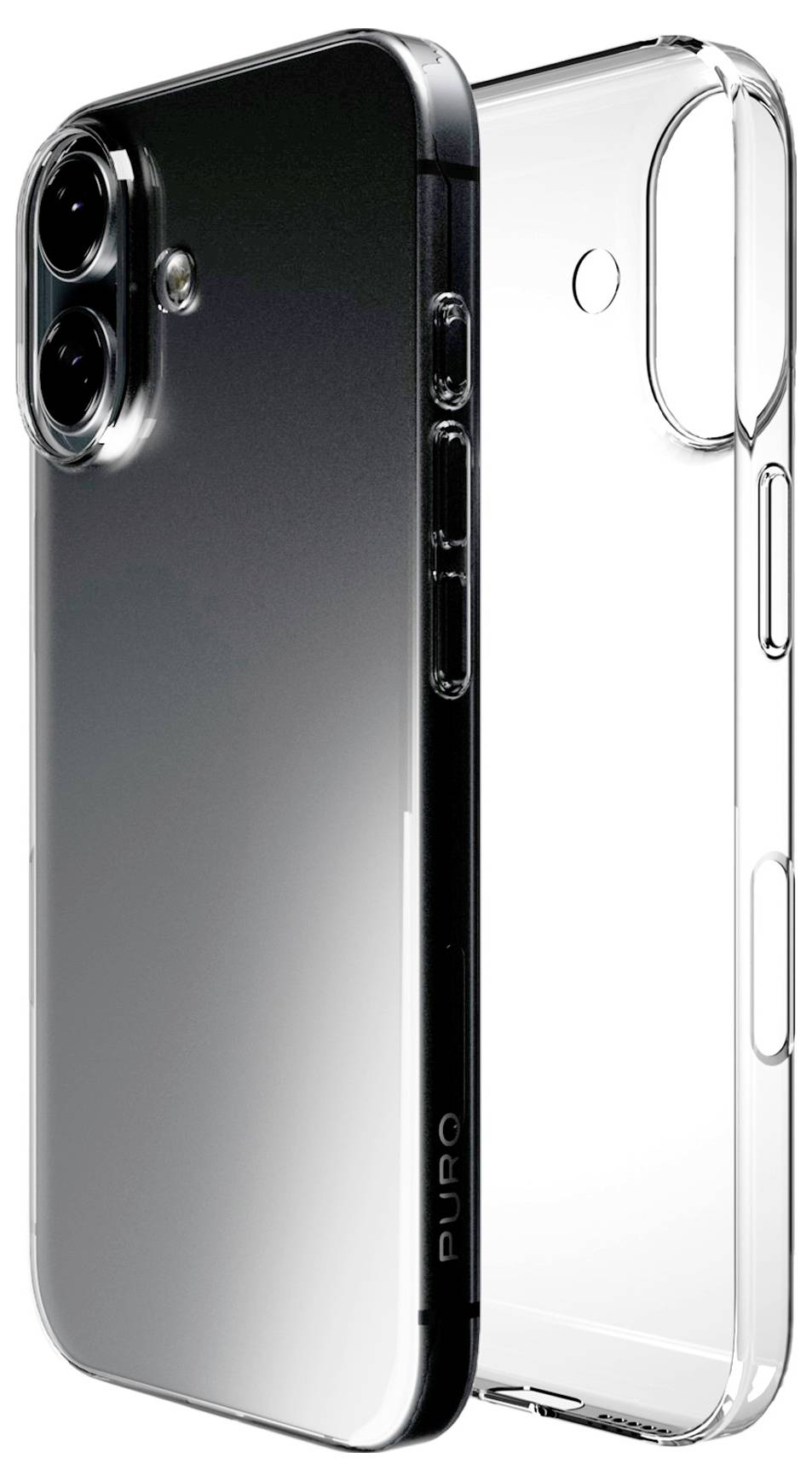 'Two transparent smartphone cases with camera and button cutouts, highlighting their protective design and slim fit for modern phones.'