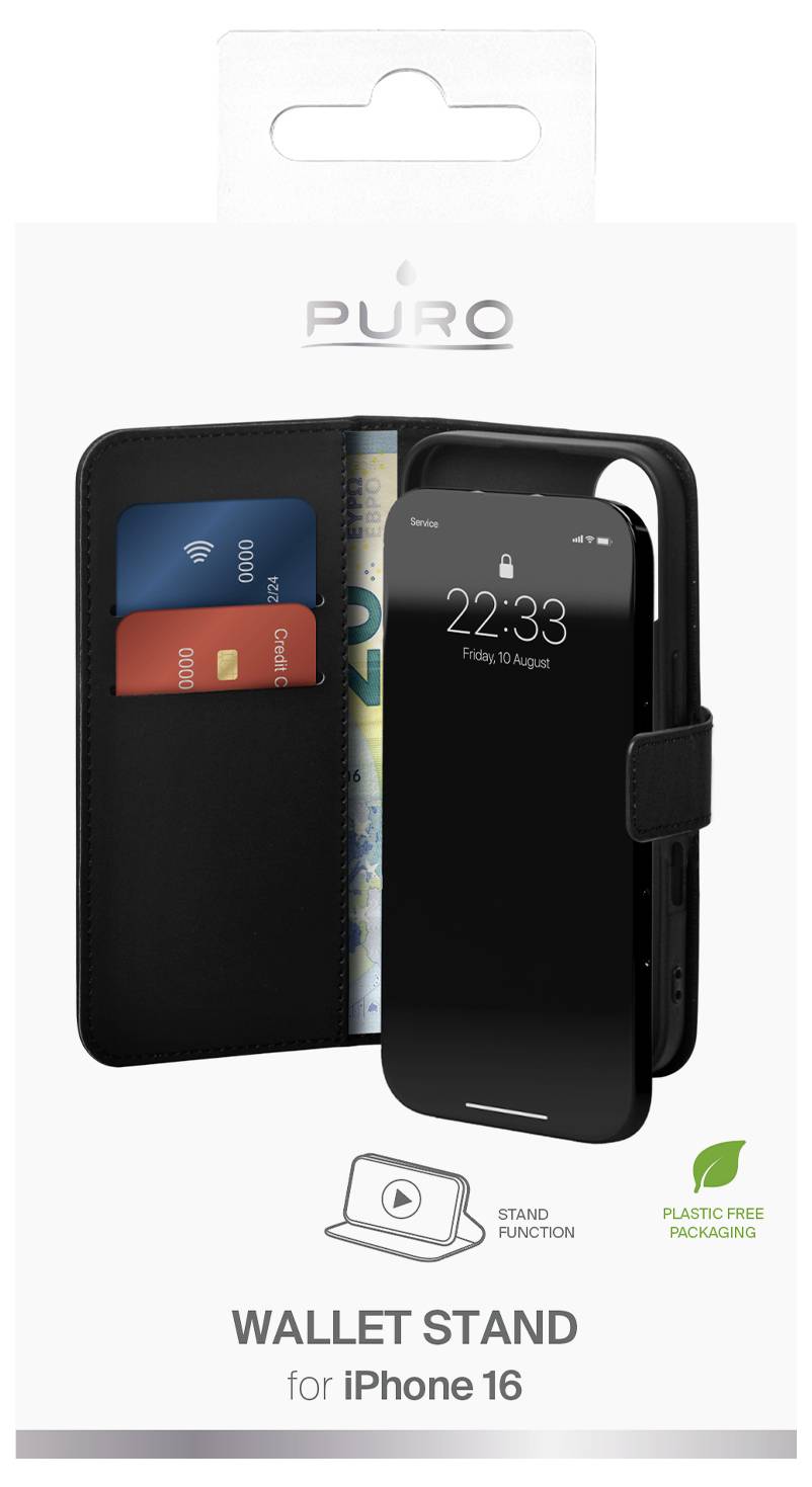 The image shows packaging for a Puro brand wallet stand case for iPhone 16, featuring card slots and stand function, in plastic-free packaging.