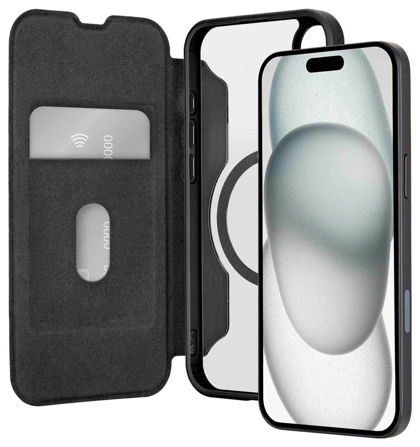 A smartphone in a black folio case with a card slot, displaying a lock screen with abstract design.