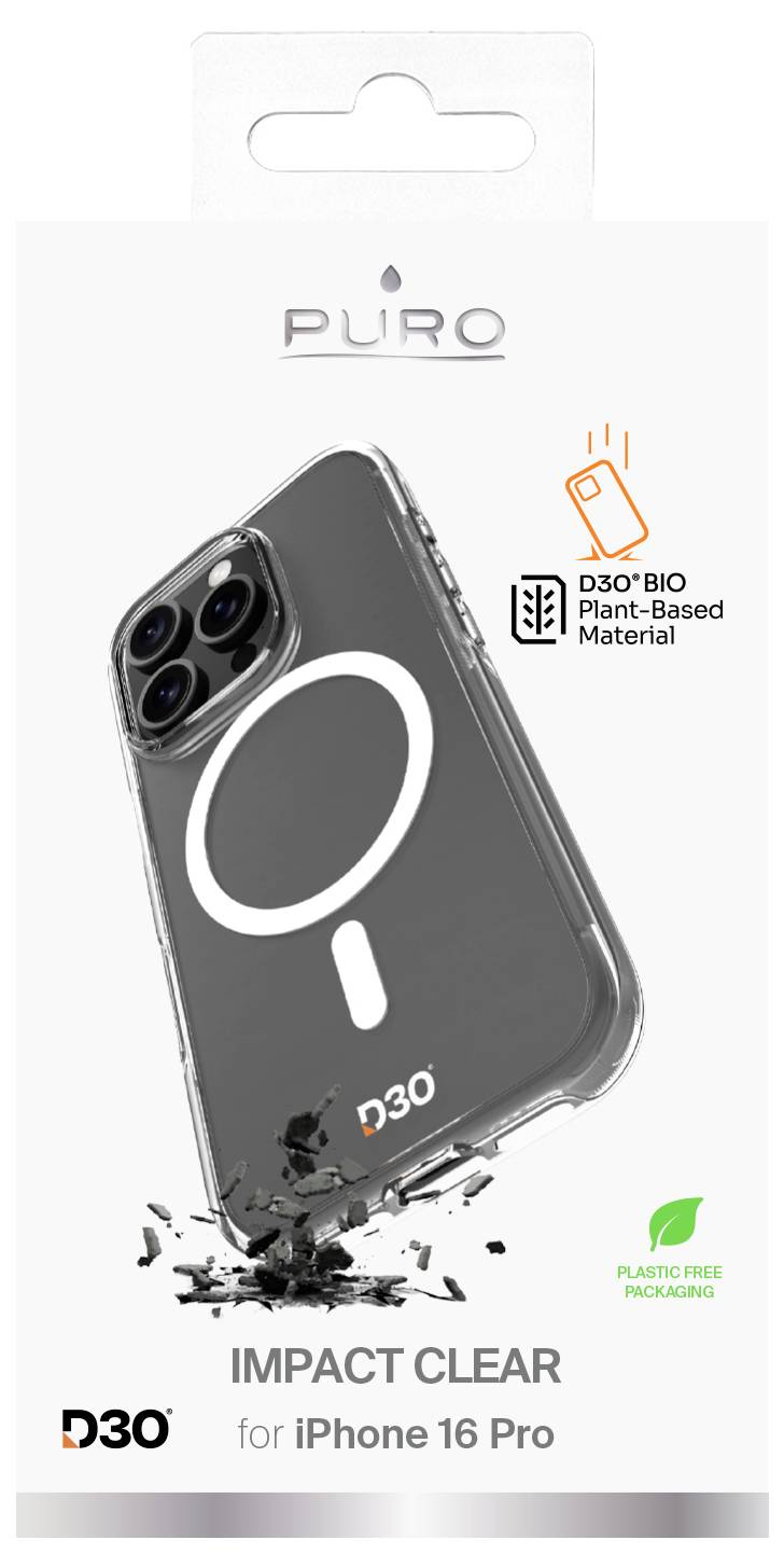 'Impact Clear for iPhone 16 Pro' case with a focus on durable D3O bio plant-based material, packaging highlights plastic-free features.
