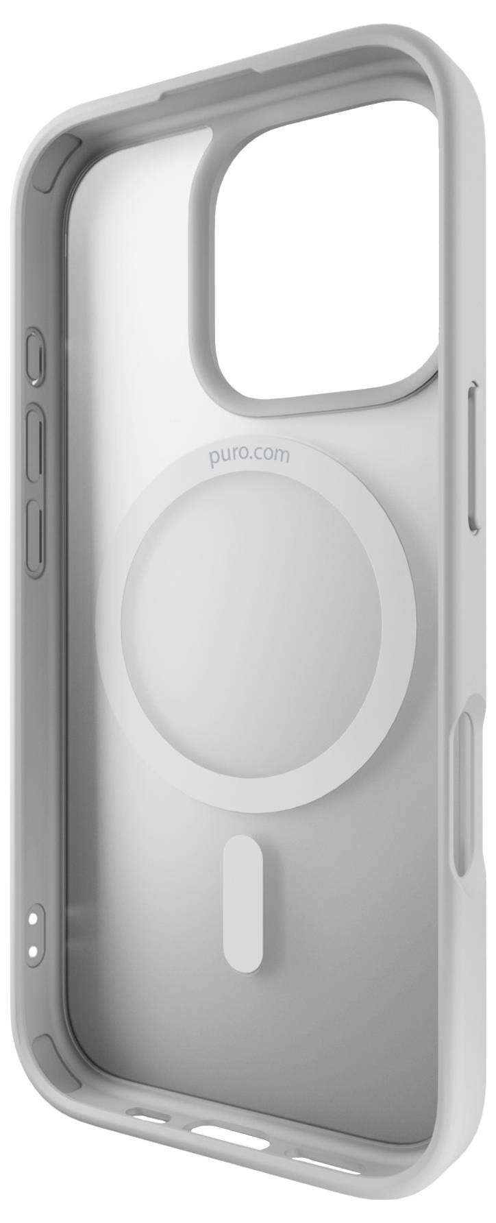 A transparent smartphone case with a circular design on the back, featuring cutouts for buttons and camera, designed for protection.