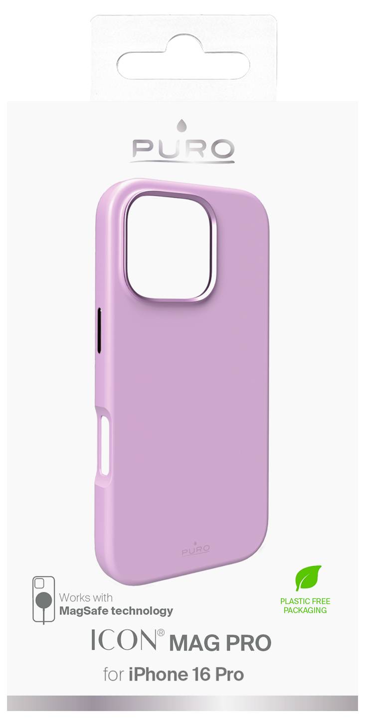 Pink iPhone 16 Pro case on packaging, featuring 'Works with MagSafe technology' text and 'Plastic Free Packaging' symbol.