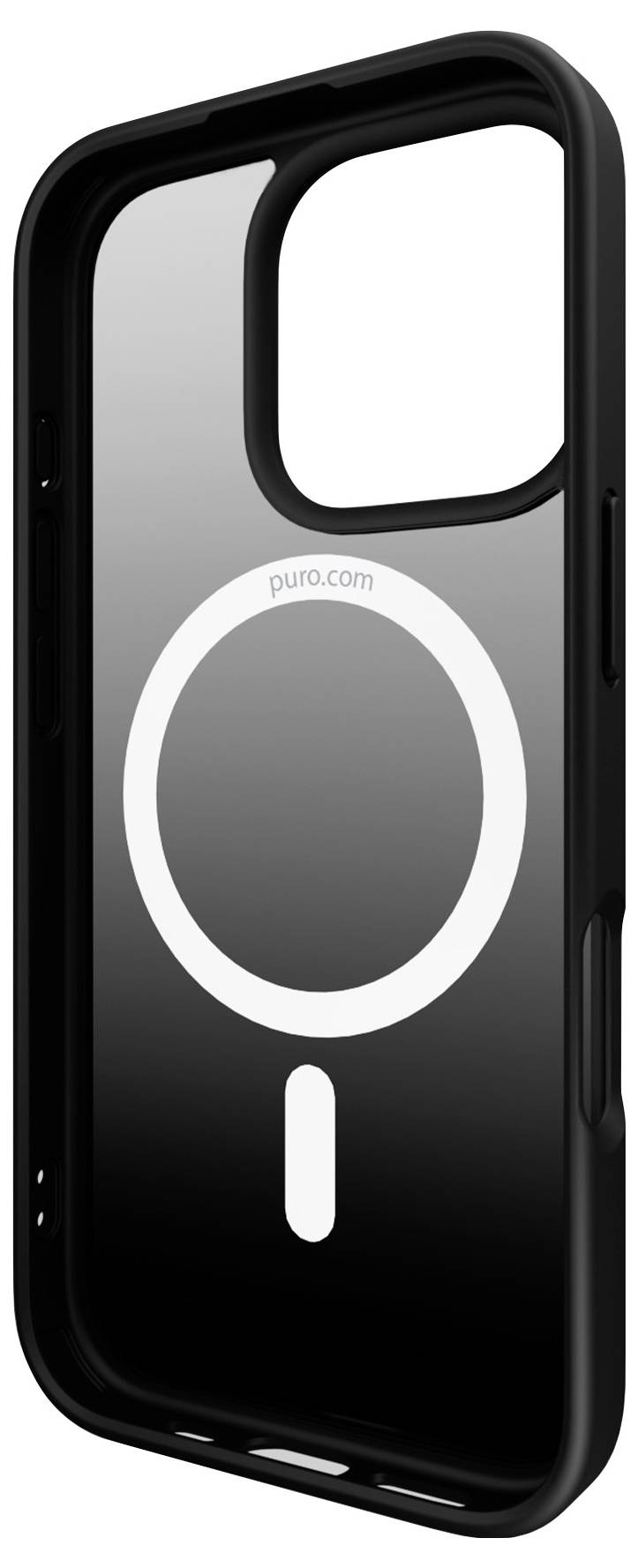 'A black phone case with a MagSafe symbol, designed for a smartphone, shown from an angled side view.'