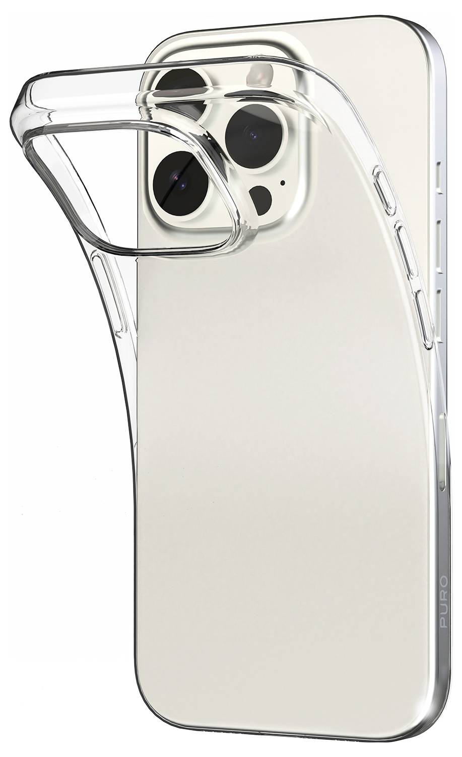 A transparent phone case is shown halfway on a silver smartphone, highlighting the camera and buttons on its side.