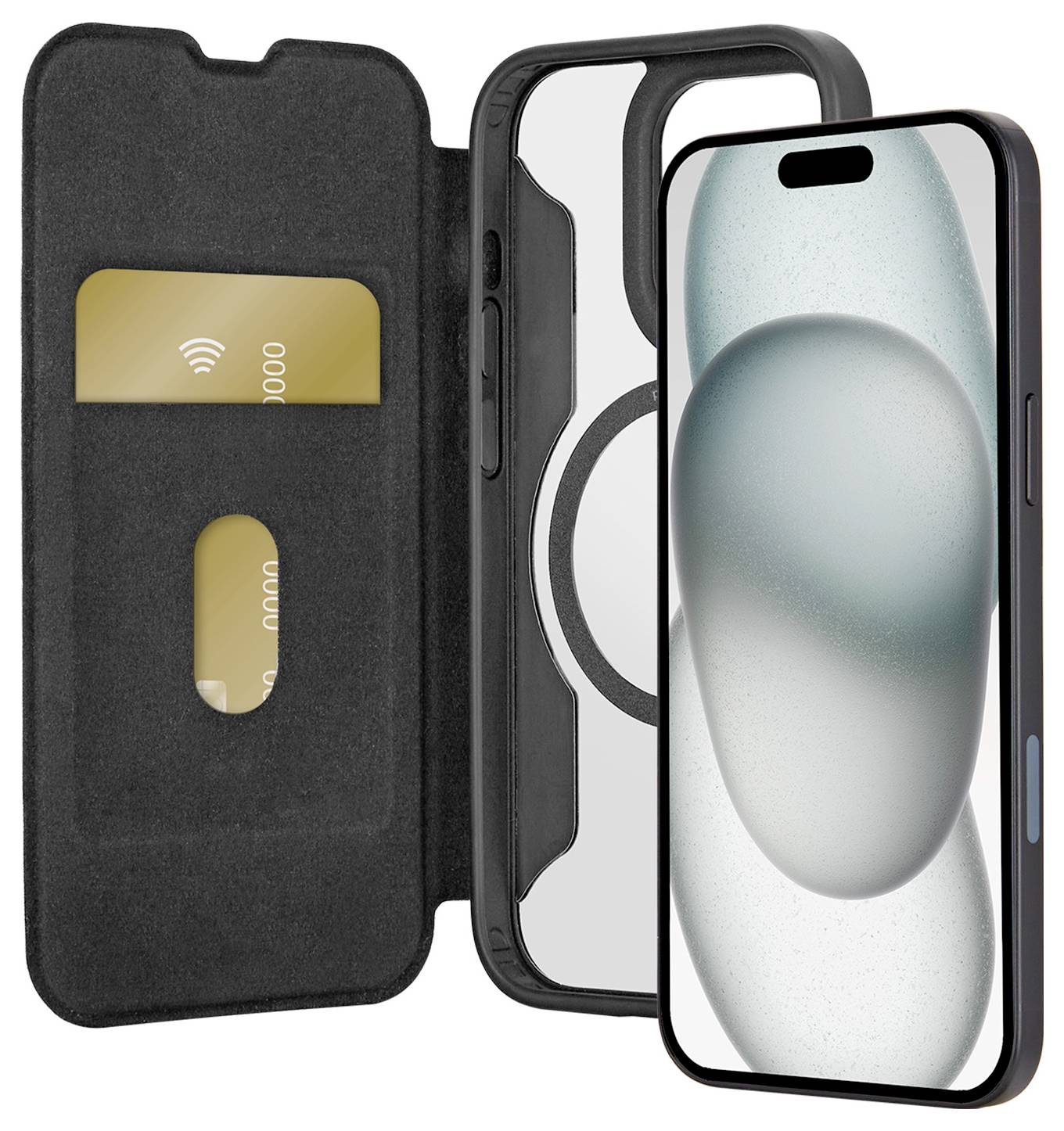 A smartphone in a black wallet case showing its screen on the right. The case has two card slots with visible cards on the left.