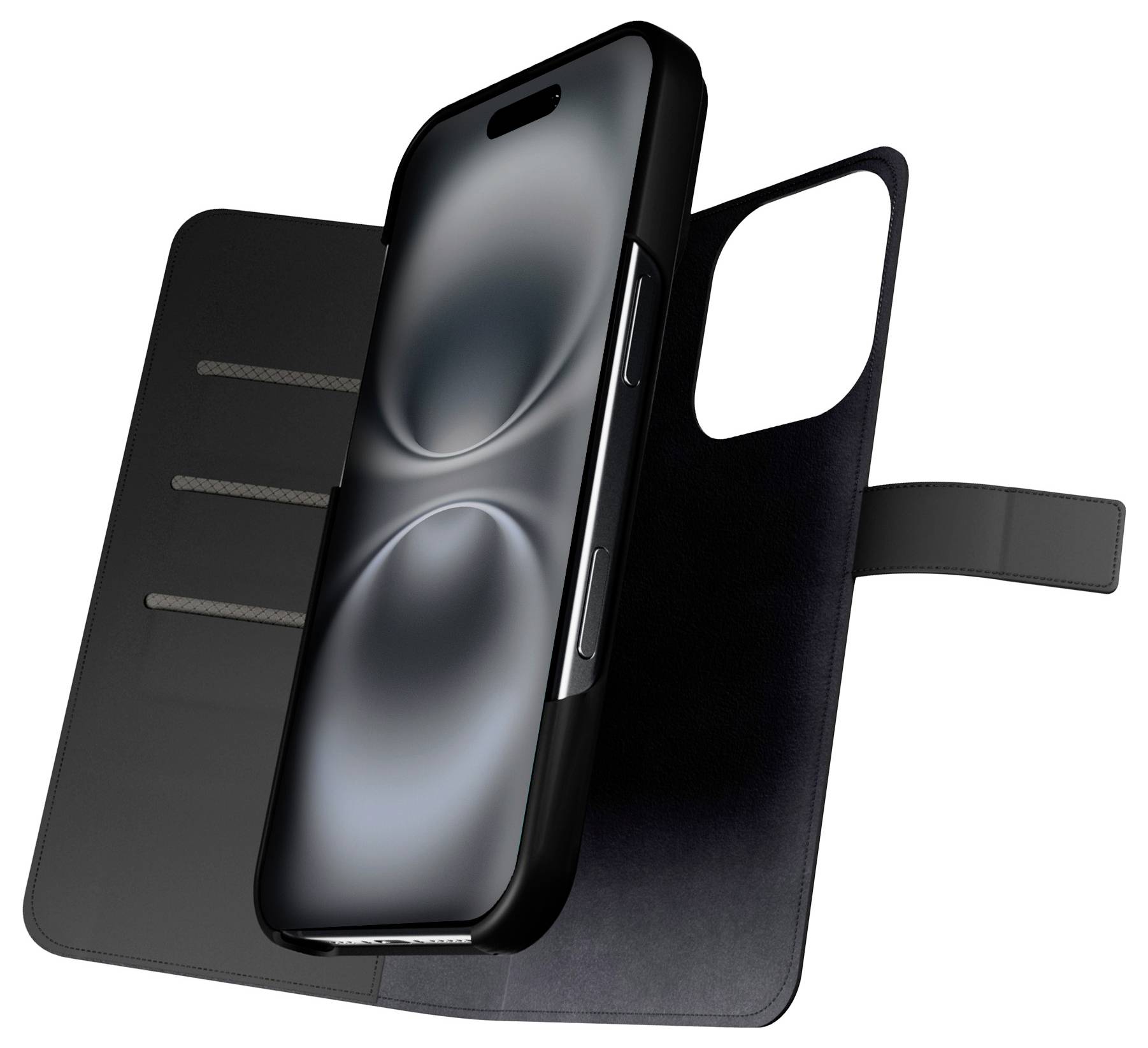 A smartphone case with a magnetic closure is opened, showing slots for cards and a phone partially inserted, screen glowing faintly.