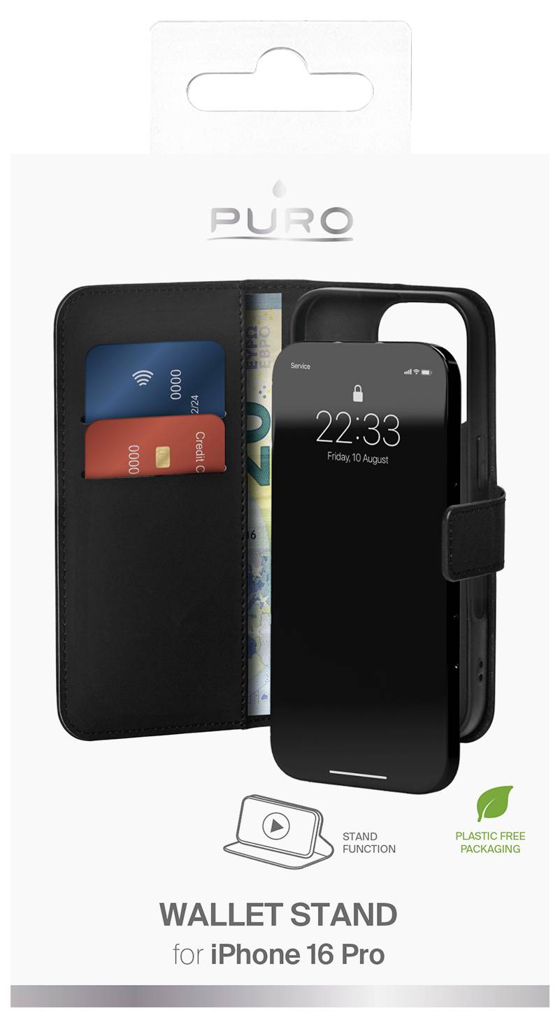'Puro Wallet Stand for iPhone 16 Pro' packaging shows a phone case with card slots and cash pocket. Emphasizes eco-friendly materials.
