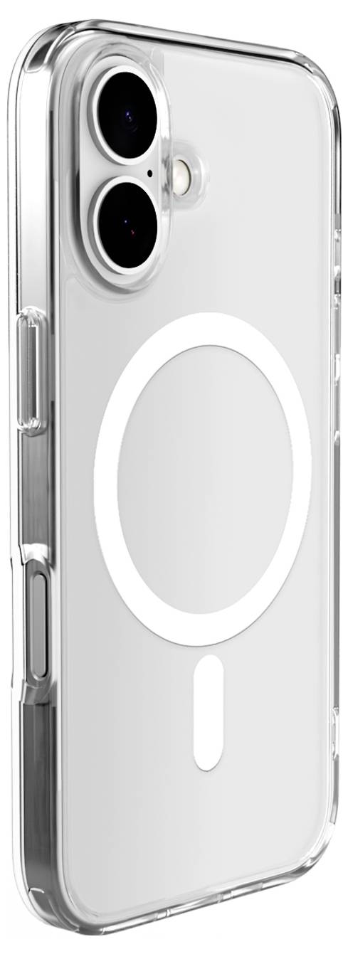 A clear phone case with a circular design on the back, featuring two camera lenses and a flash cutout in the top left corner.