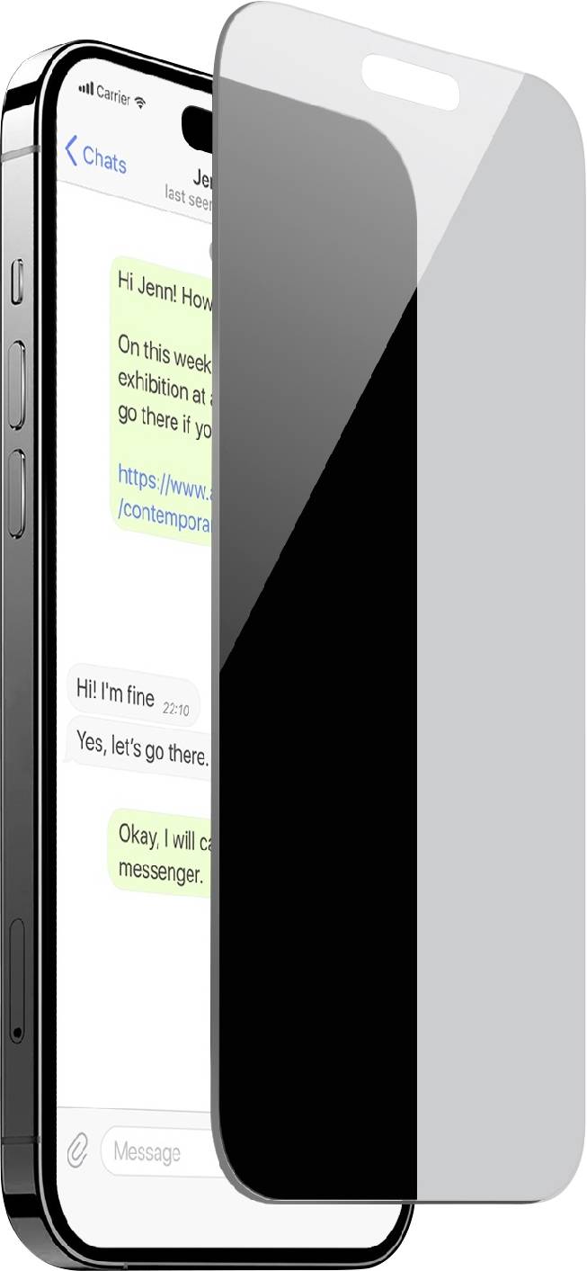 A smartphone displays a text conversation with messages about planning a visit to an art exhibition. A privacy screen shows limited viewing angles.