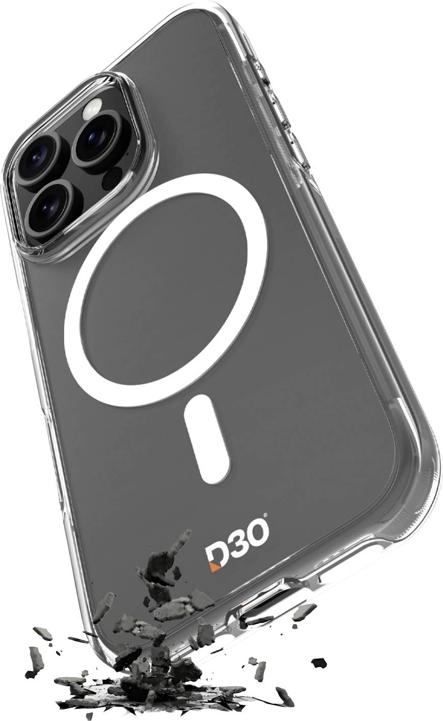 A clear phone case labeled 'D3O' demonstrating drop protection with debris scattering below the case, suggesting shock absorption.