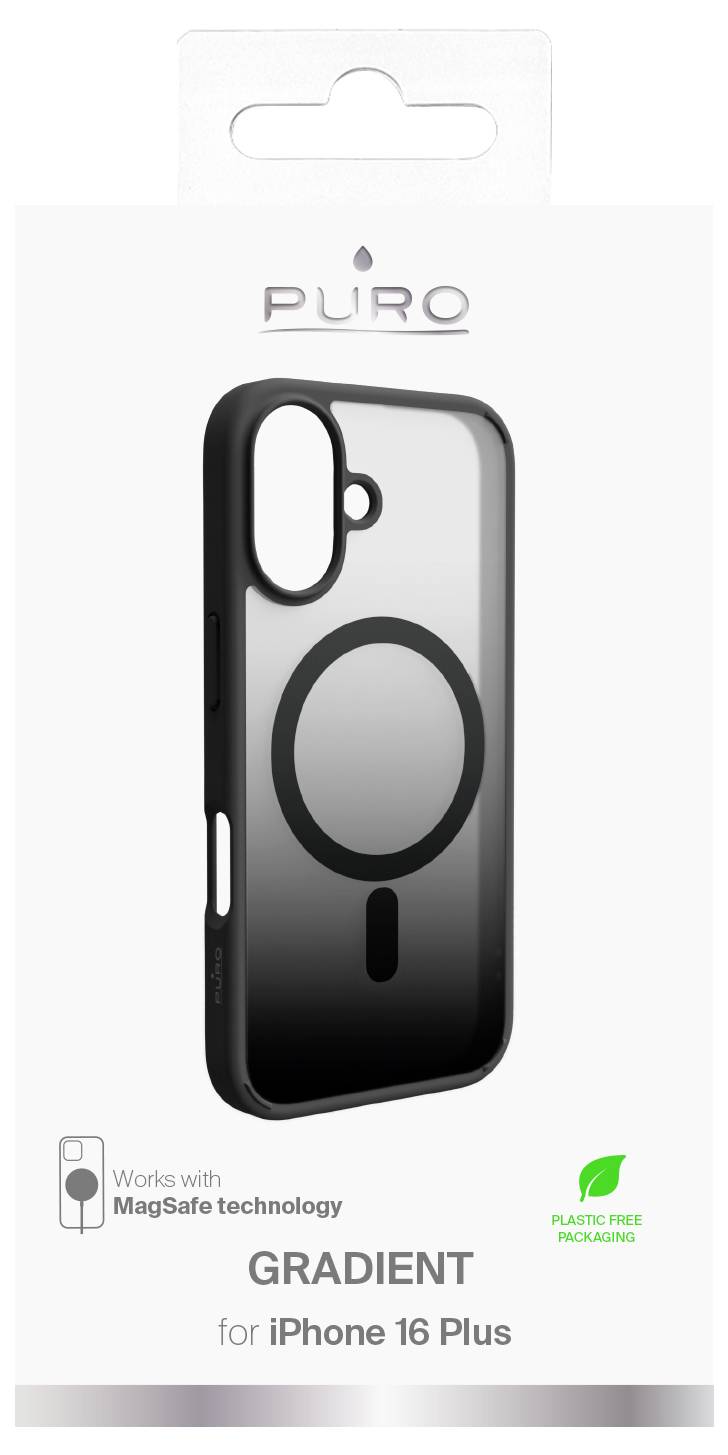 A black phone case with a circular MagSafe design labeled 'Gradient' for iPhone 16 Plus, featuring a plastic-free packaging note.