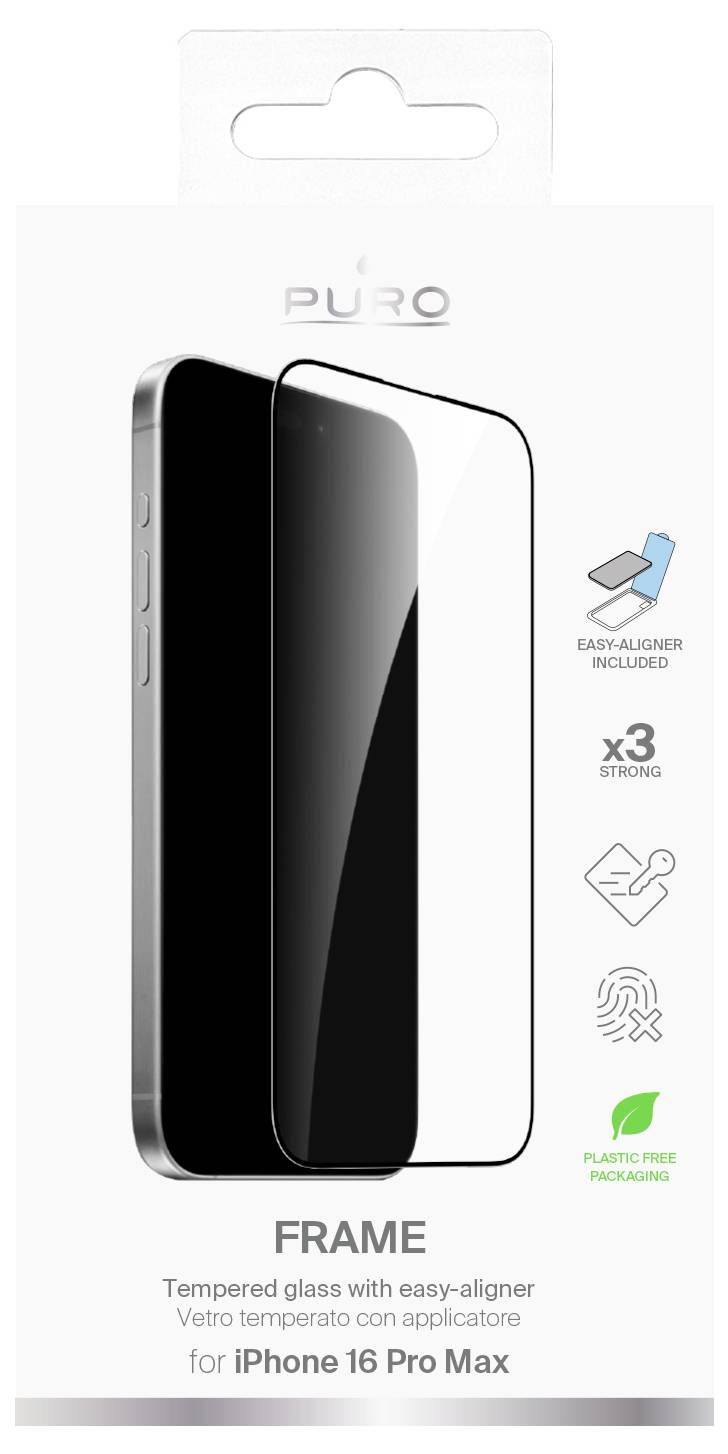 'Frame' tempered glass screen protector packaging for iPhone 16 Pro Max, includes easy-aligner, shatter-resistant, and fingerprint-free features.