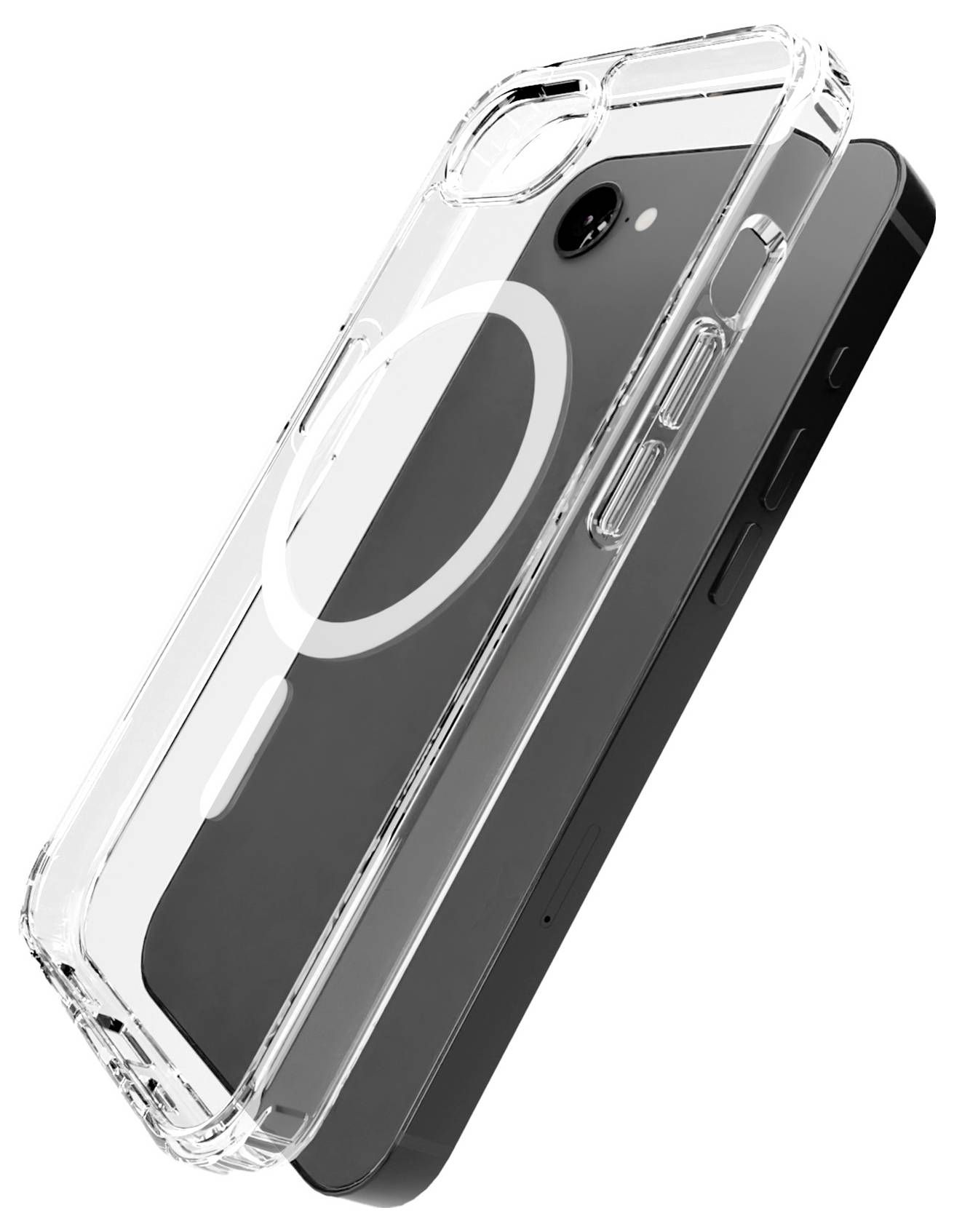 Clear phone case with circular MagSafe compatibility on an angled black phone, showing camera cutout and button details.