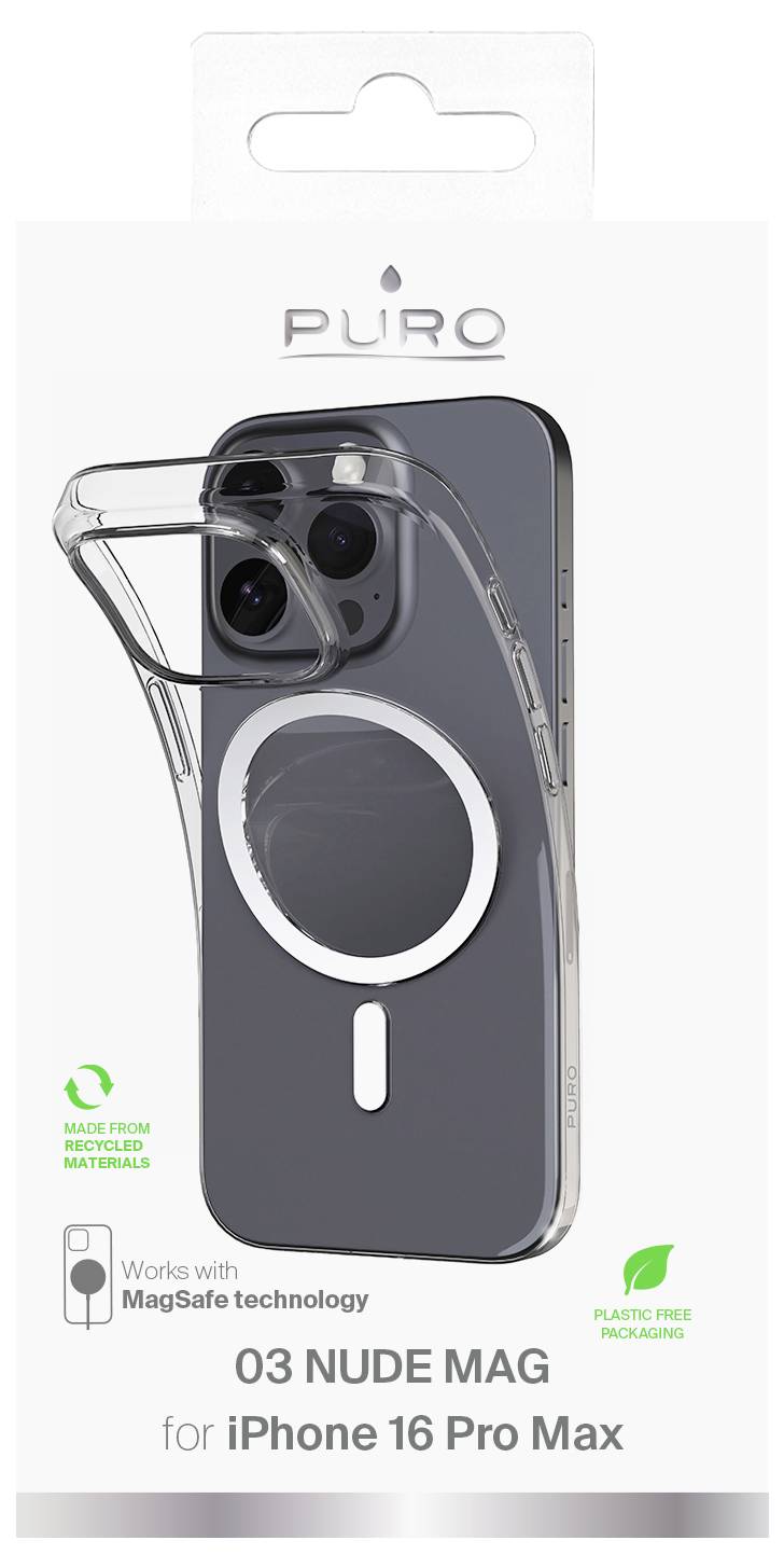 '03 Nude Mag' transparent phone case for iPhone 16 Pro Max with MagSafe technology, shown in packaging highlighting plastic-free materials.