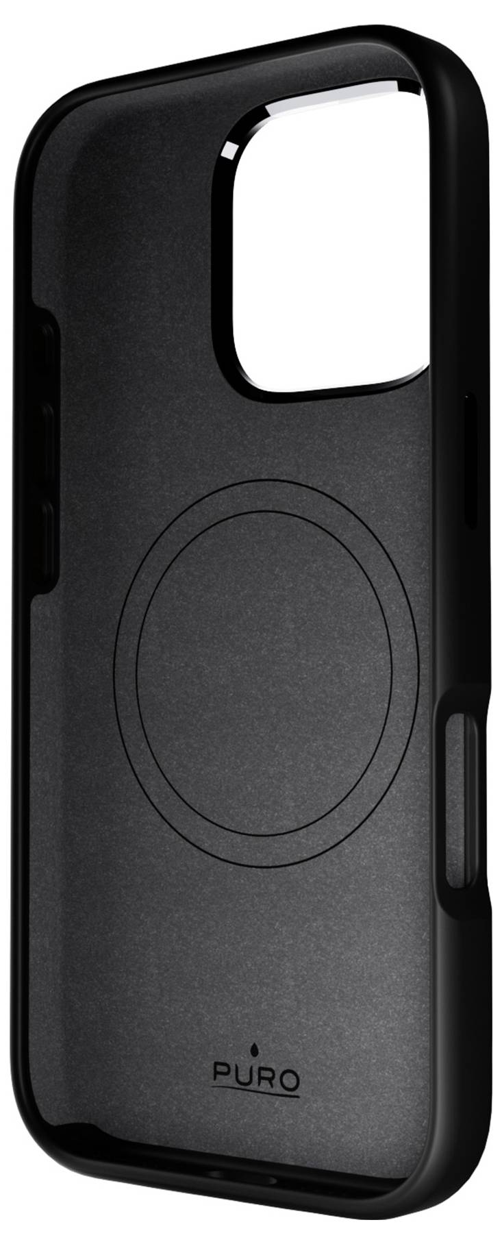 A sleek, black smartphone case featuring a circular design at the center, with 'Puro' branding at the bottom.