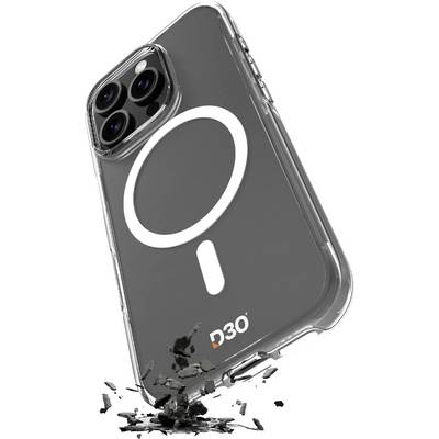 A smartphone in a clear, protective case with the text 'D3O', shown absorbing impact as debris scatters below.