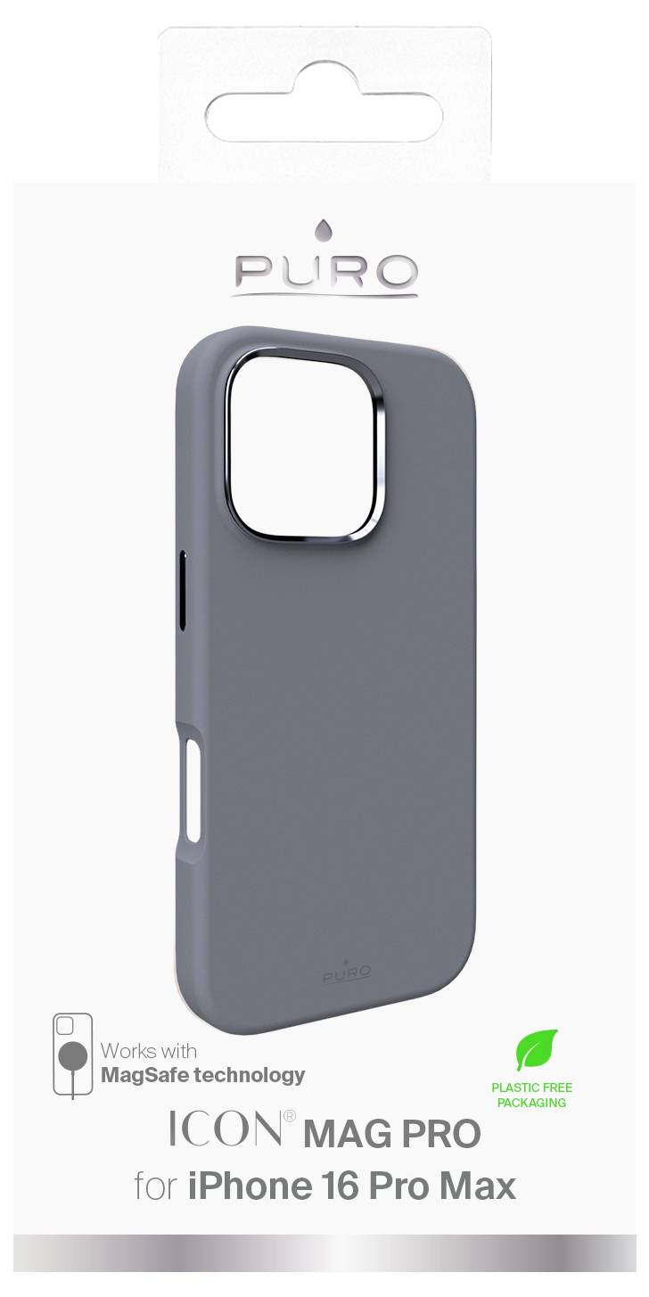 'ICON Mag Pro' phone case packaging for iPhone 16 Pro Max, features MagSafe technology and plastic-free packaging.