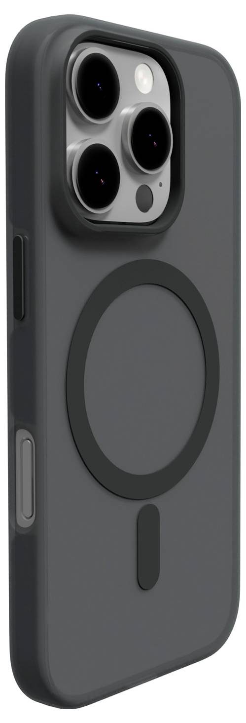 A black smartphone case with circular MagSafe marking is shown. The case has precise cutouts for the camera and side buttons.
