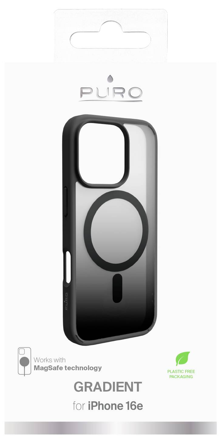 'iPhone 16e' case made with MagSafe technology, negative-space gradient color, shown in packaging labeled as 'plastic free'.