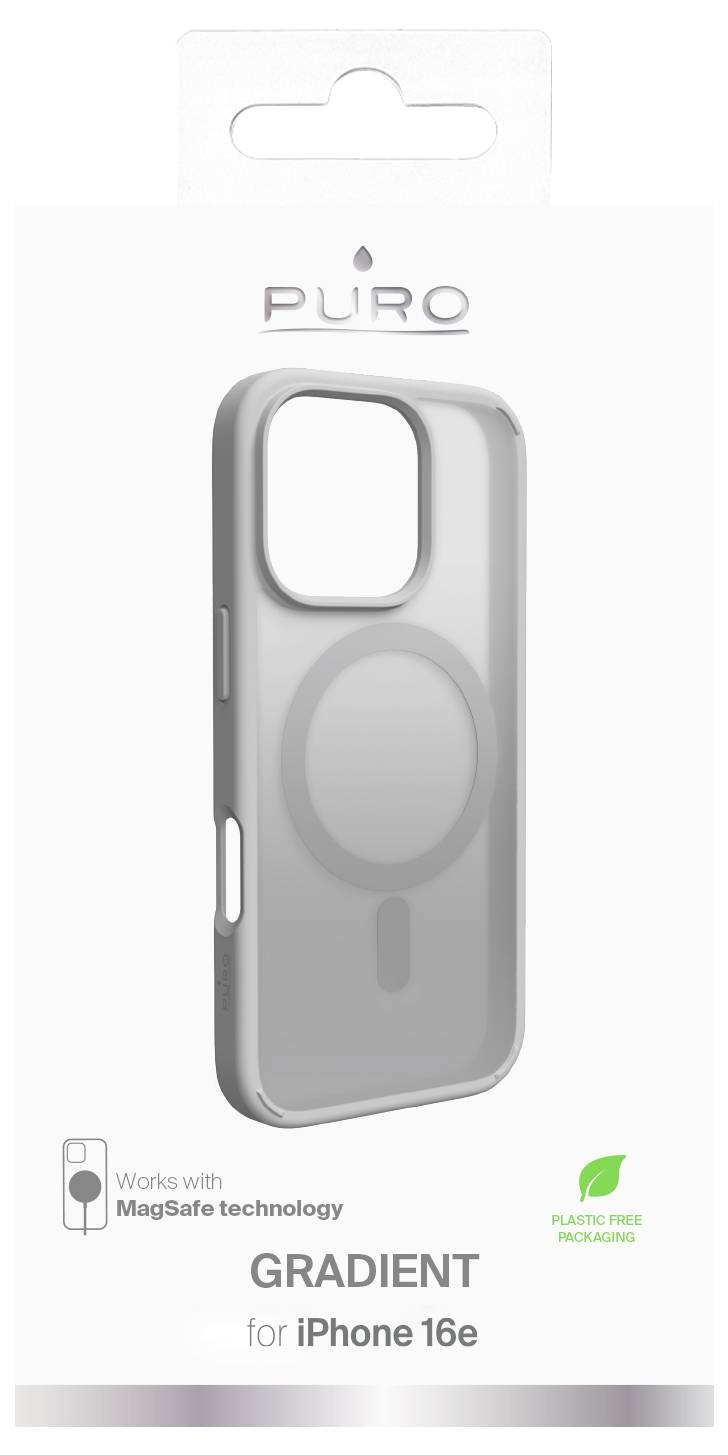 'Puro Gradient' iPhone 16e case packaging, compatible with MagSafe technology, featuring a gray gradient design and plastic-free packaging icon.
