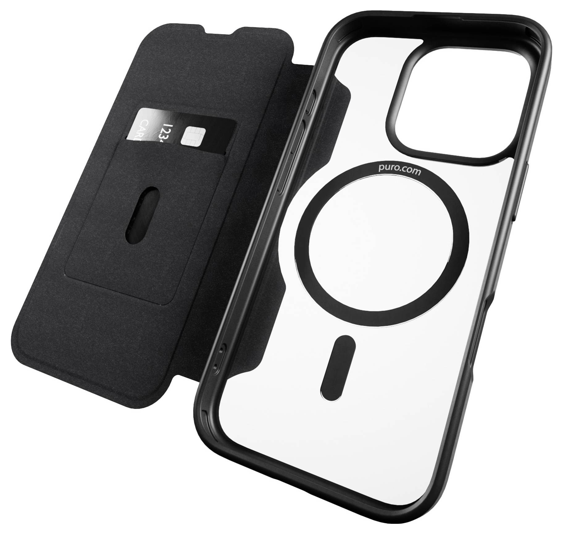 'Phone case with magnetic ring and card slot inside cover, black exterior, suitable for keeping cards and phone together securely.'