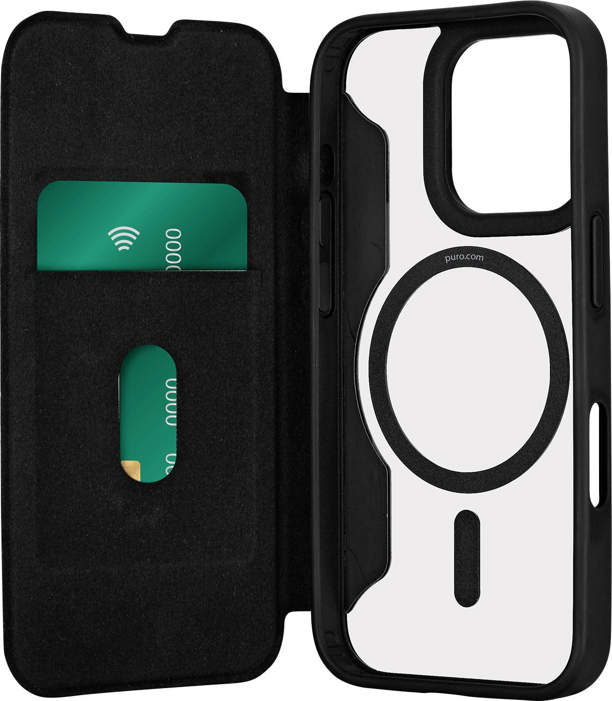 A black phone case with MagSafe compatibility on the right and a slot for holding cards on the left, displaying a partially visible card.