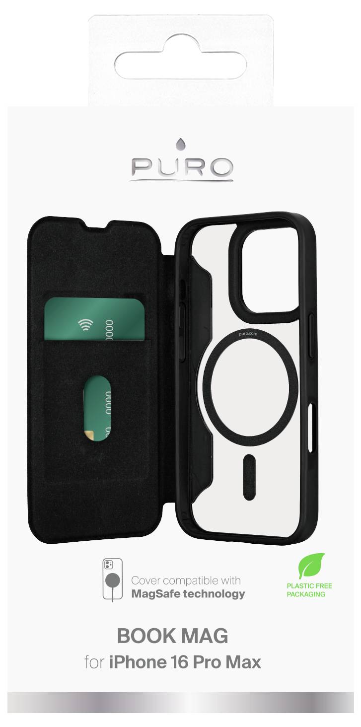 'Puro Book Mag case for iPhone 16 Pro Max, compatible with MagSafe technology, features a card slot, plastic-free packaging.'