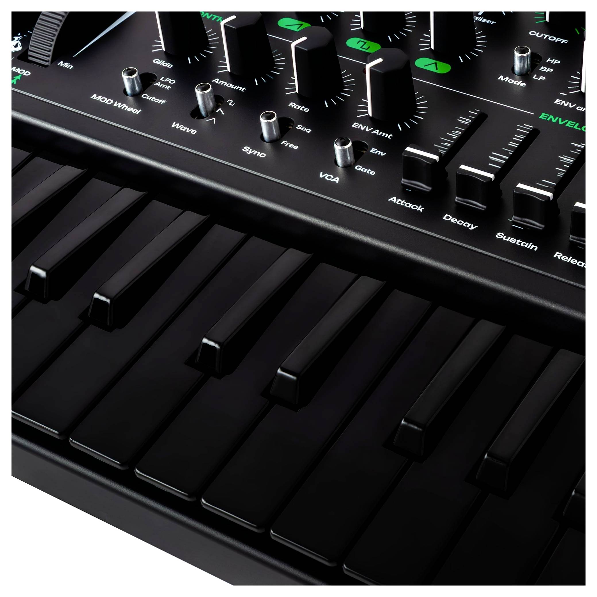 A close-up of a black electronic keyboard synthesizer with various control knobs and buttons for adjusting sound settings.