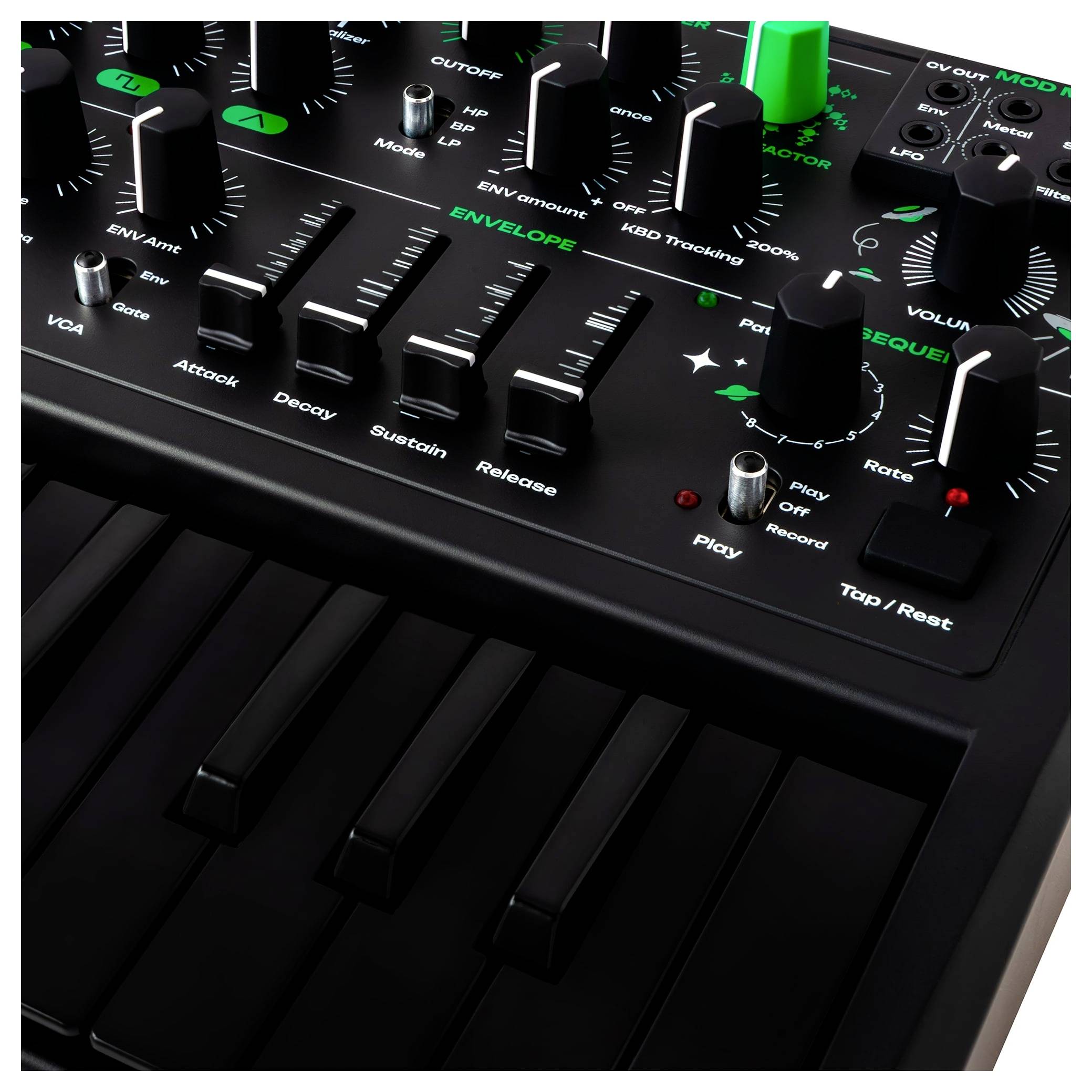 'Synthesizer control panel with knobs for volume, cutoff, and envelope settings, featuring a keyboard and various adjustment options.'