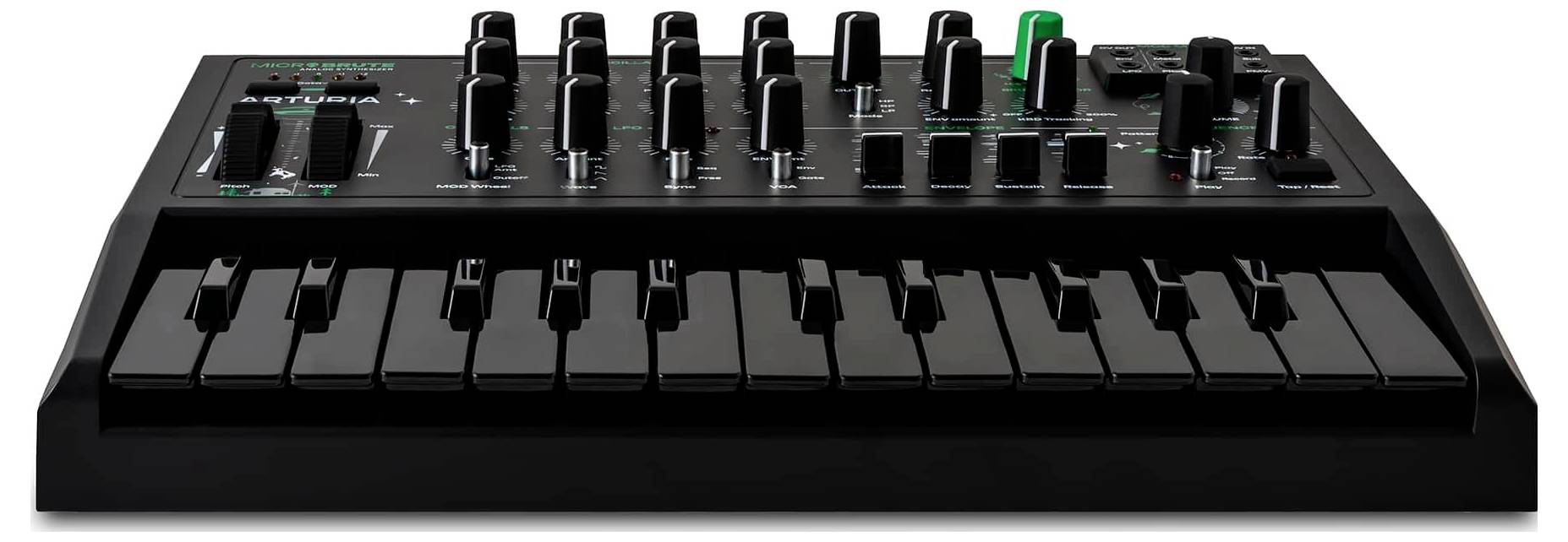 A compact synthesizer with multiple knobs and switches, featuring a full keyboard, designed for music production and sound design.