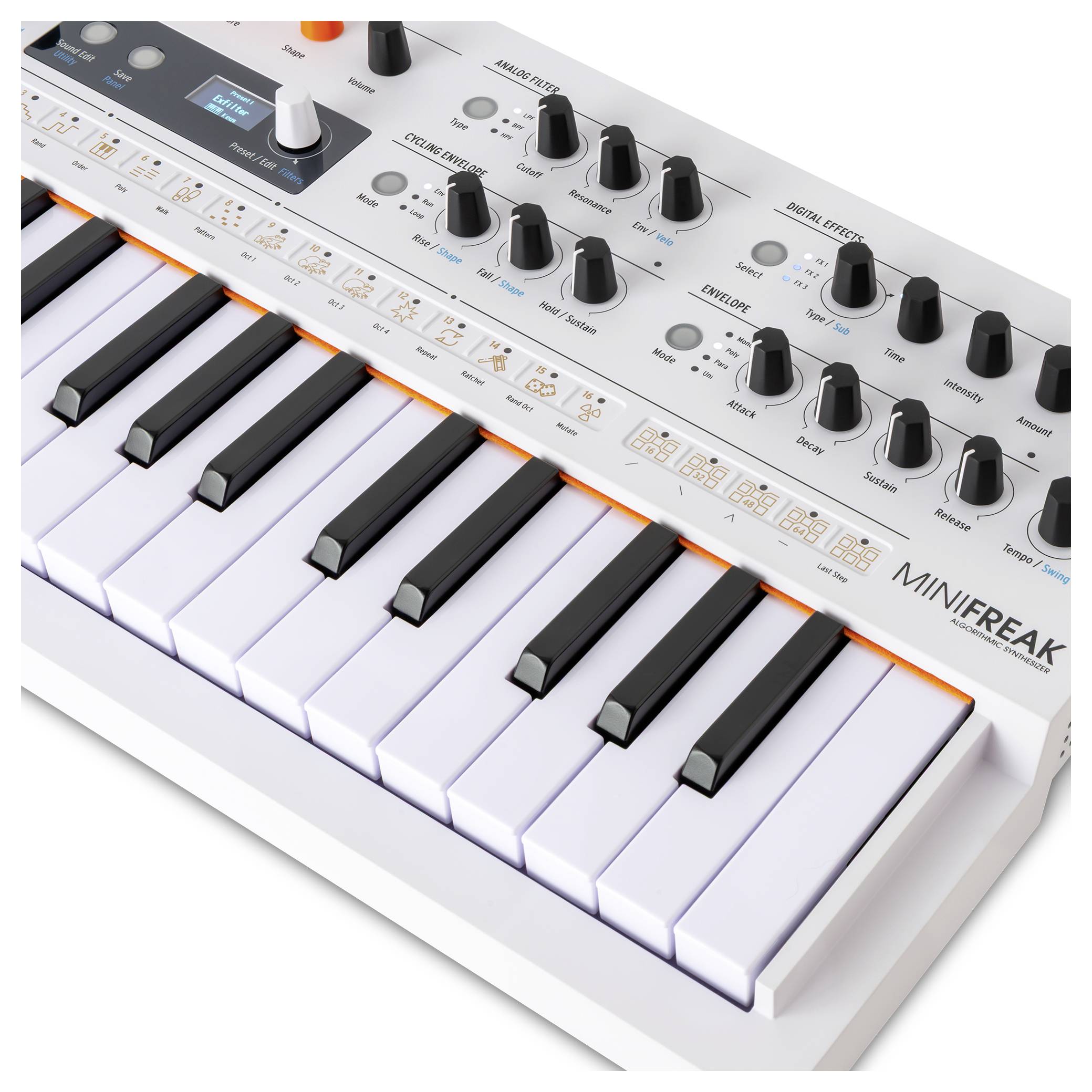 A synthesizer keyboard with black and white keys, various control knobs, and labeled sections for modulation and effects. The model name 'MINIFREAK' is visible.
