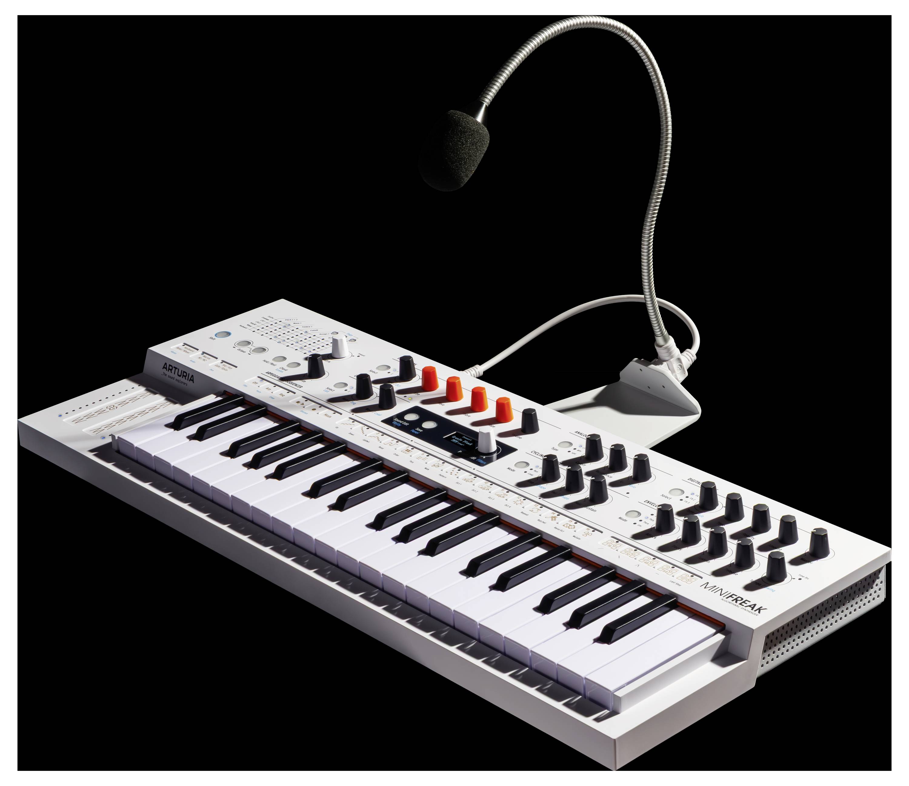 A synthesizer keyboard with various knobs, buttons, and a flexible microphone attached, set against a plain dark background.