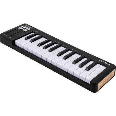Miniature keyboard controller with 16 keys, pitch and modulation touch strips, and buttons for functions, designed for music production.