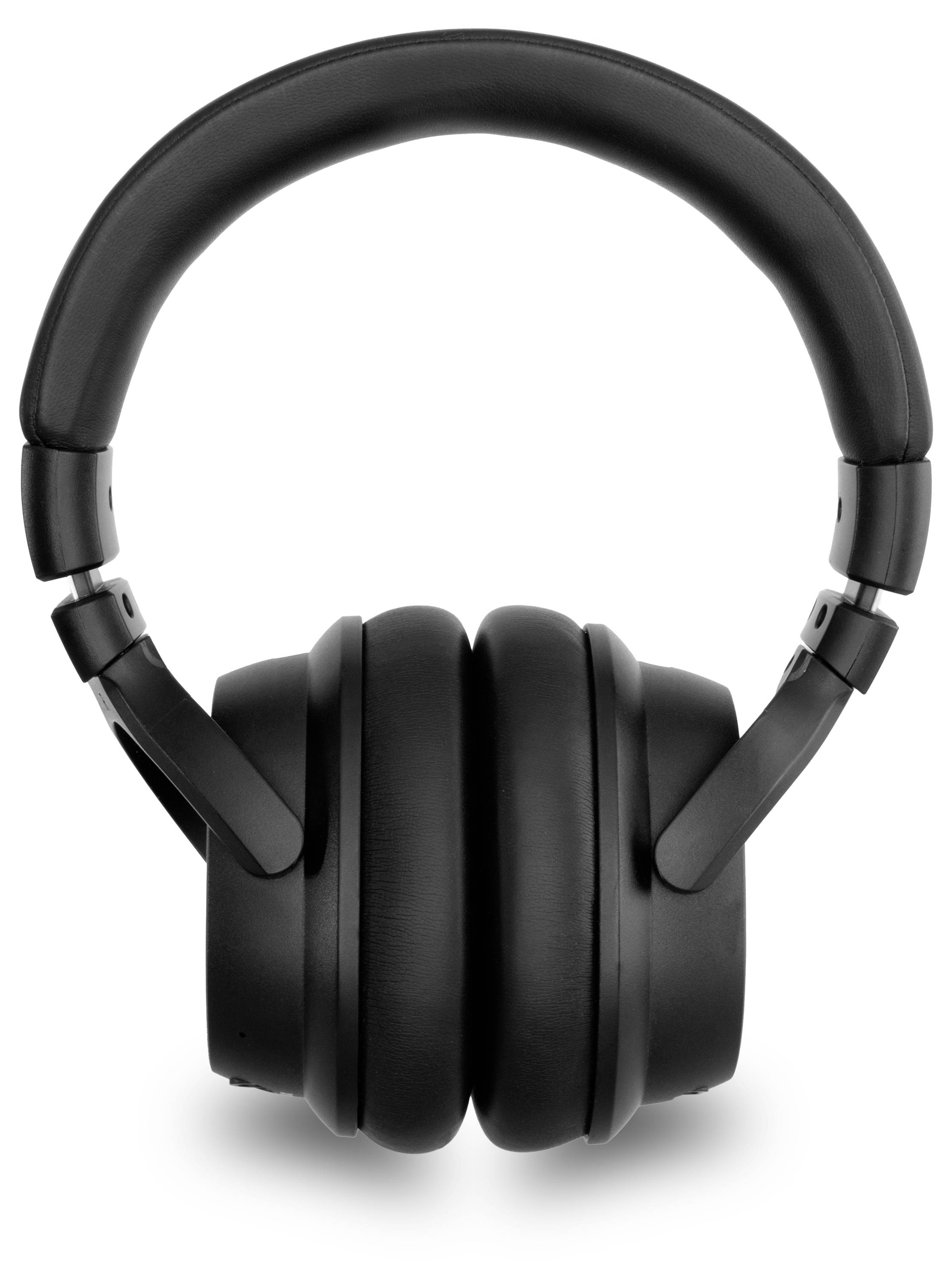 Black over-ear headphones with cushioned ear pads and adjustable headband, facing forward.
