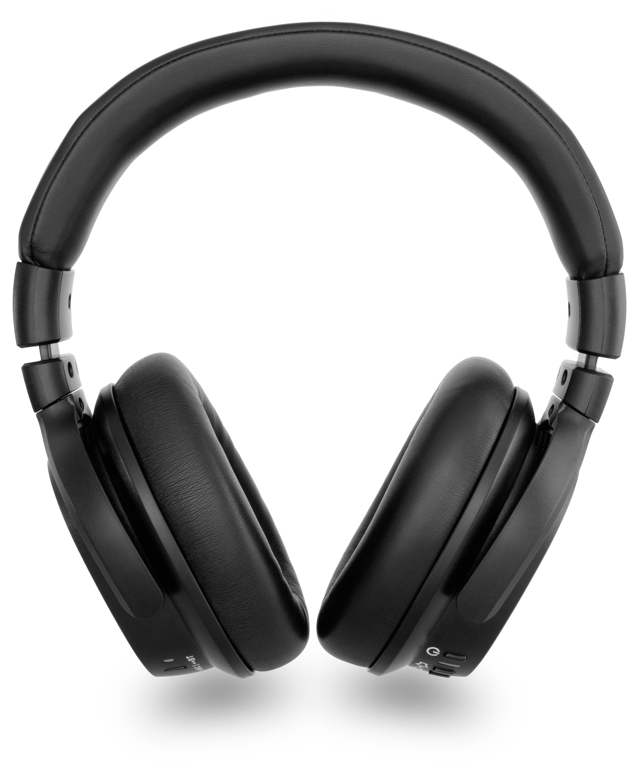 A pair of black over-ear headphones with padded ear cups and headband, viewed from the front against a white background.