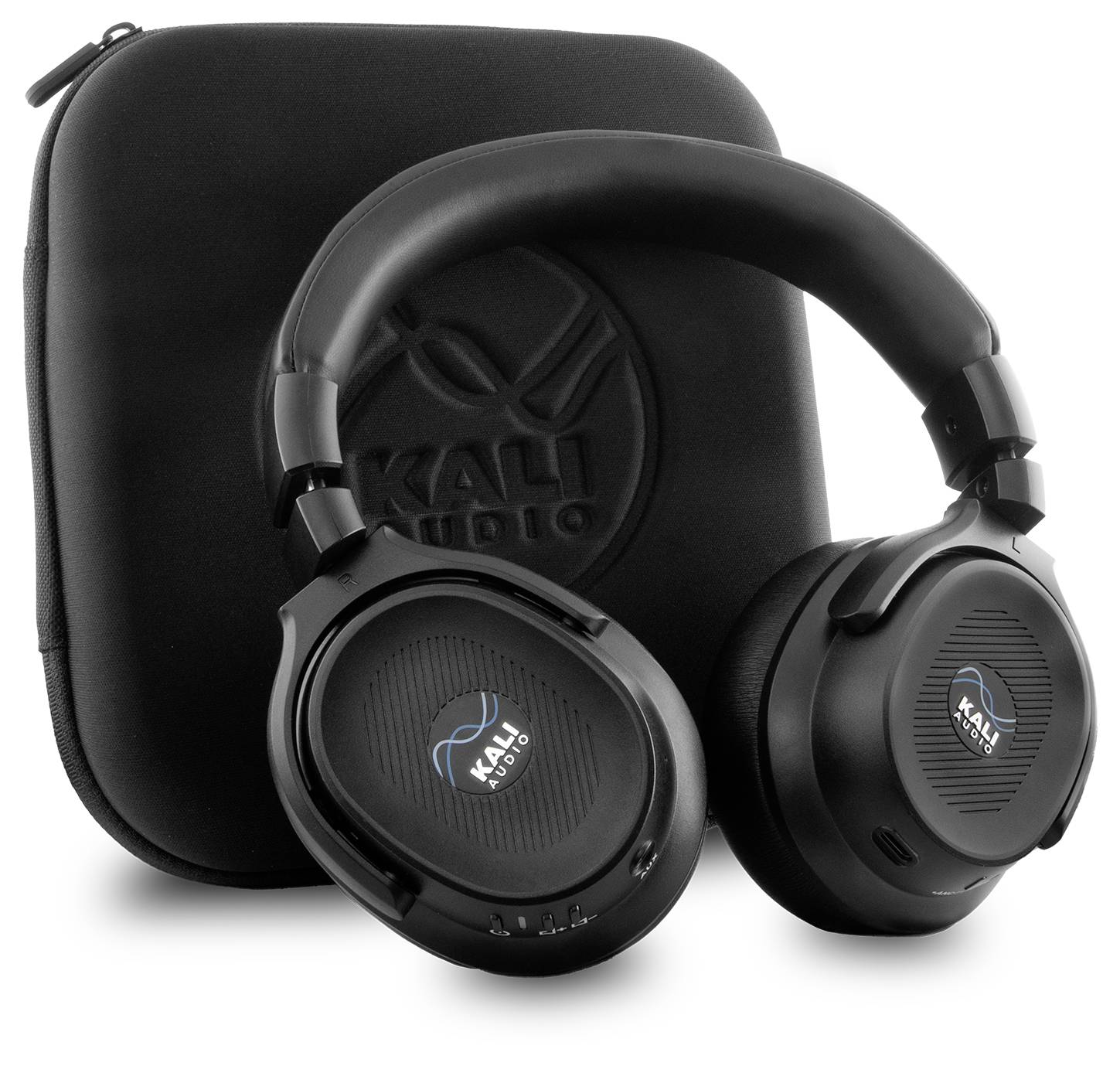 Black wireless headphones with logo on earcups, positioned beside a branded case.