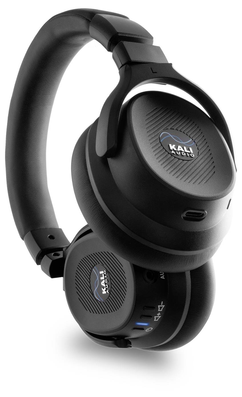 Black over-ear headphones with Bluetooth connectivity, featuring 'Kali Audio' branding on the ear cups, designed for high-quality audio.