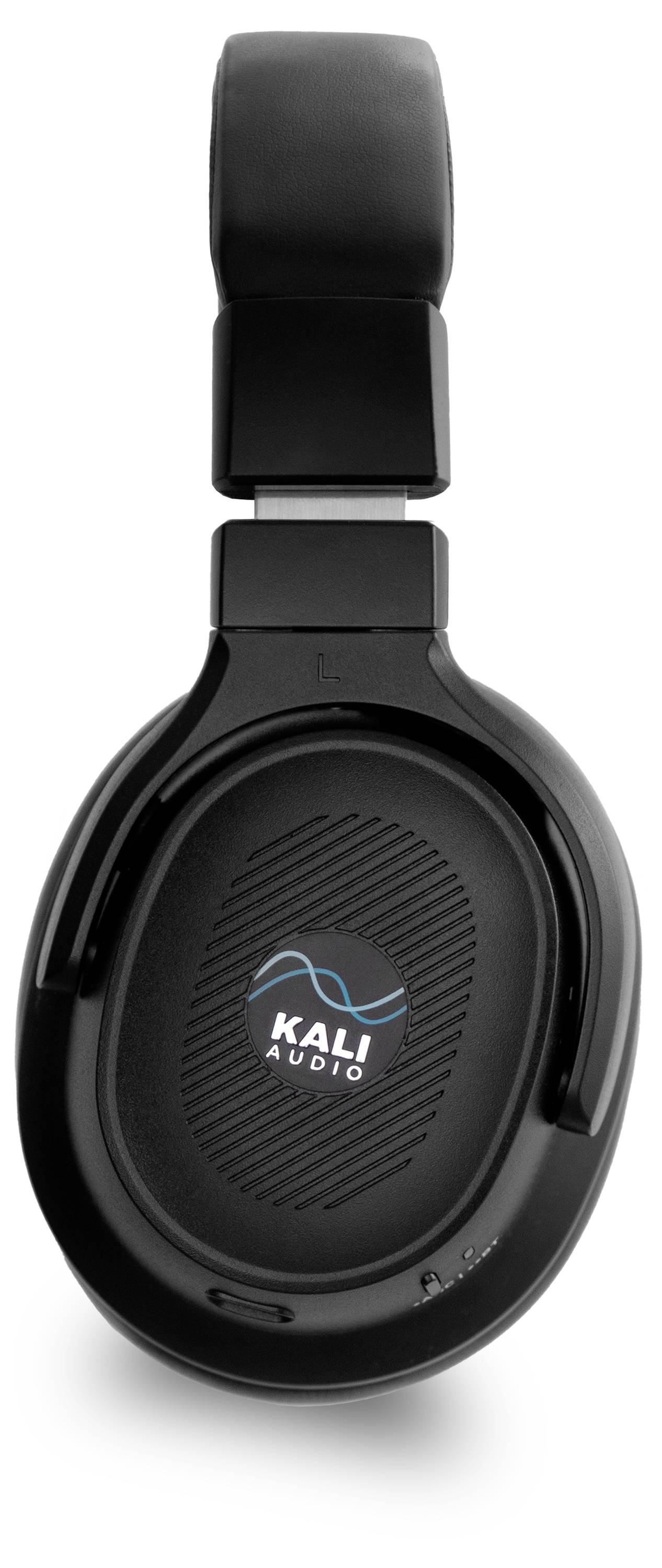 Black over-ear headphone with 'Kali Audio' logo on the earcup, showing a sleek design typically suggesting high-quality sound.