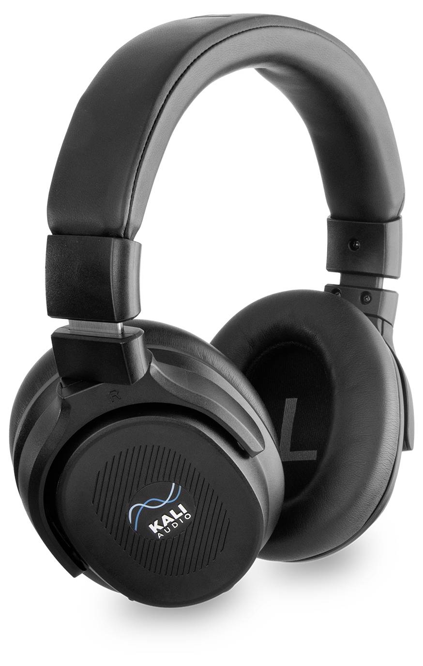 Black Kali Audio headphones with padded ear cups and adjustable headband, showcasing a blue logo on the side.