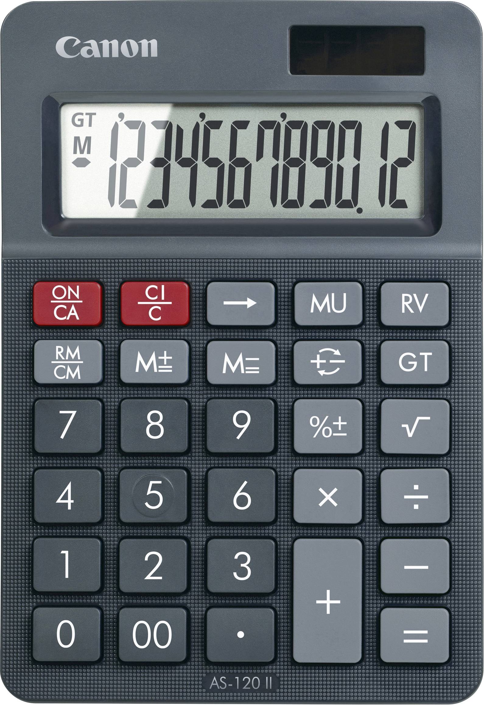 A black Canon AS-120 II calculator with an LCD screen displaying '1234567890.12'. Includes standard arithmetic and memory keys.