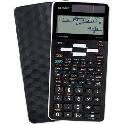 A scientific calculator displaying a math equation on its screen, featuring various function buttons and a geometric pattern on its protective case.