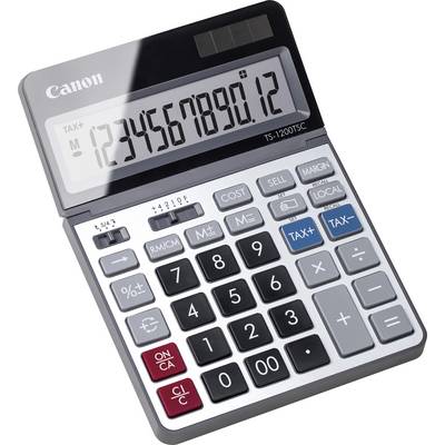 Calculator displaying '1234567890.12' with various function buttons including tax, memory, and percentage; branded on top.