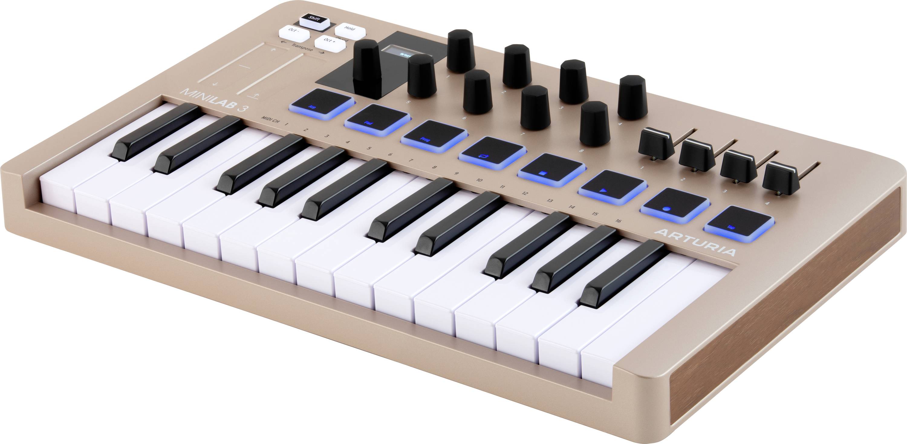 A compact MIDI keyboard controller with a light brown finish, featuring 16 keys, various control knobs, buttons, and a touchpad.