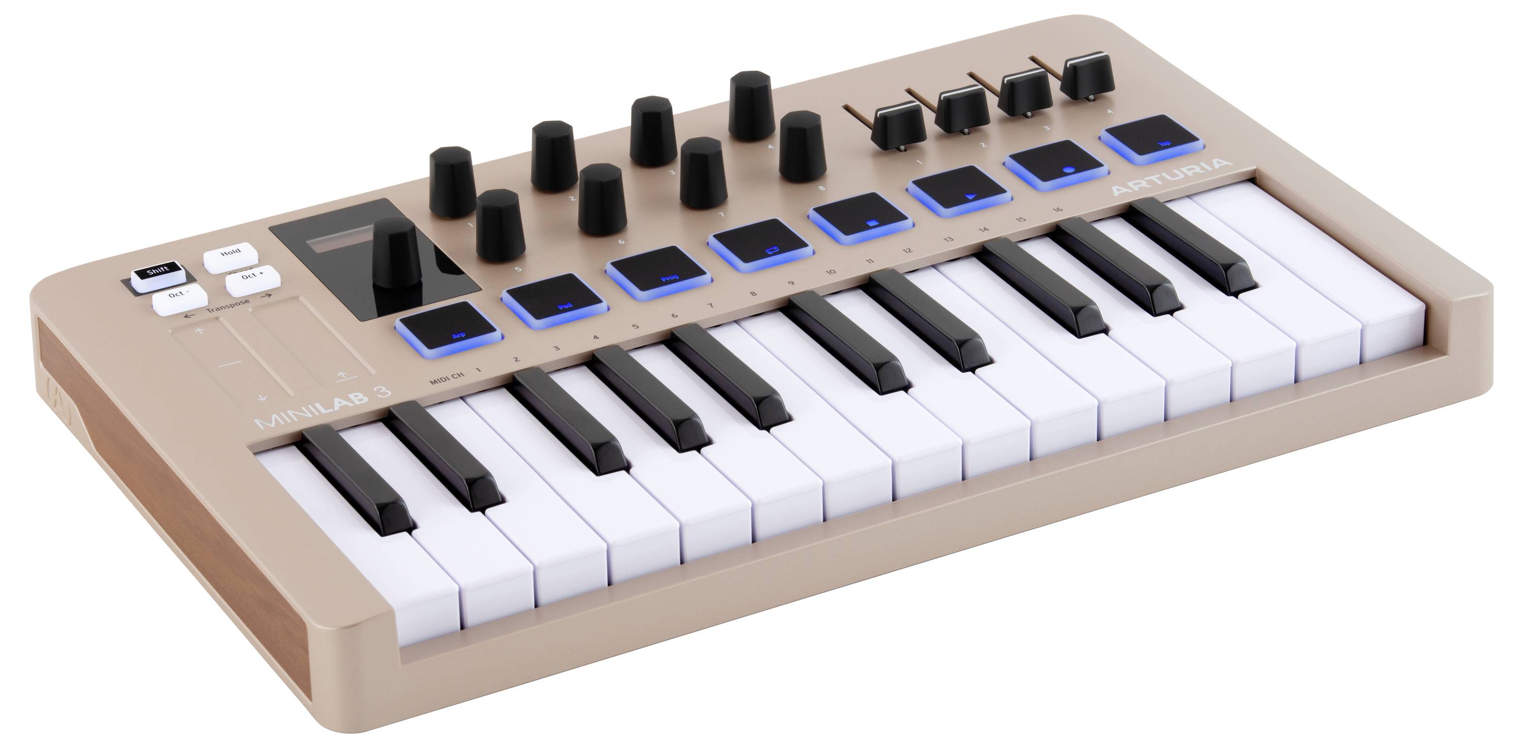 A compact MIDI keyboard with 25 keys, eight knobs, and multiple buttons, used for music production and sound editing.