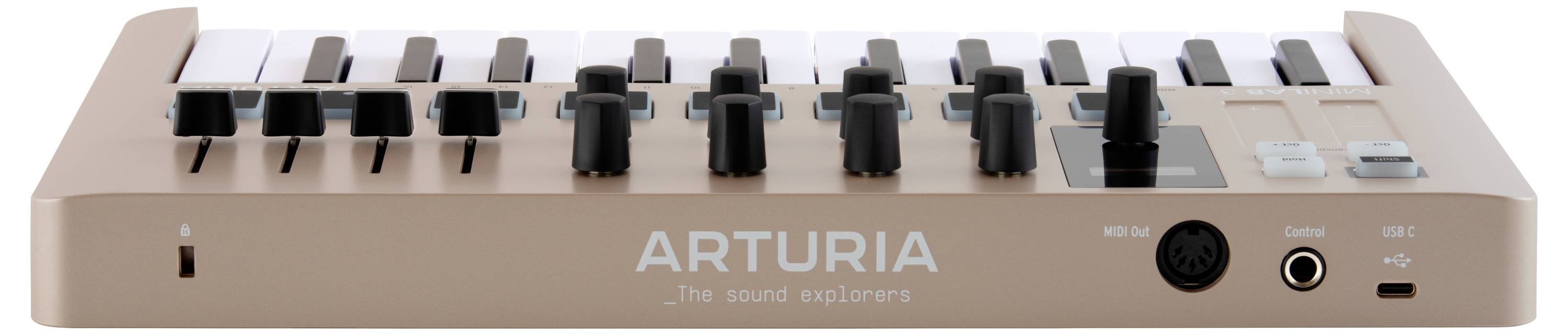 A compact midi keyboard controller with 25 keys, multiple control knobs, and connection ports, featuring the brand 'Arturia'.