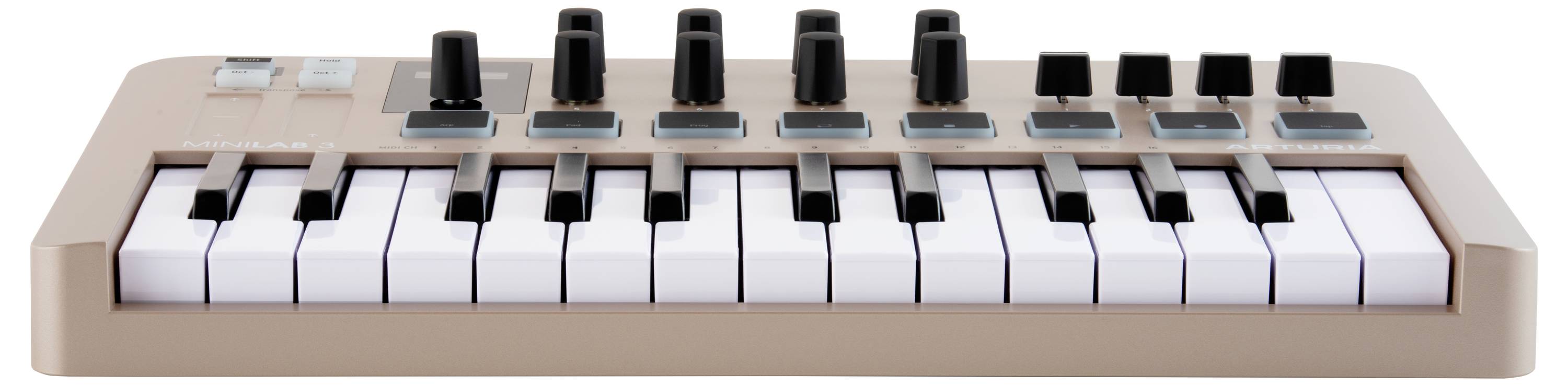 A small MIDI keyboard with 25 keys, eight control knobs, and eight buttons for music production and sound modulation.